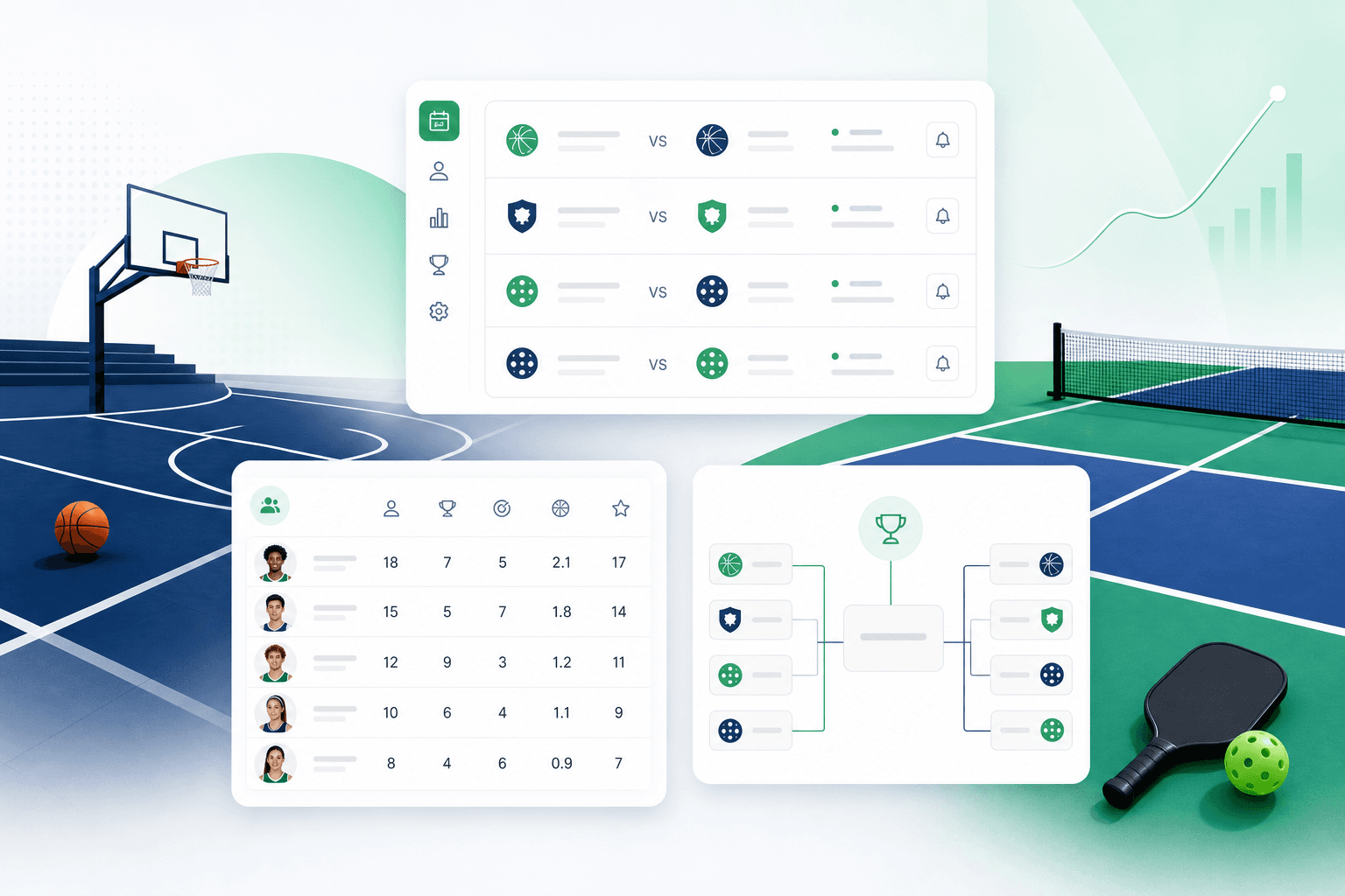 Leagzr dashboard preview with schedules, stats, and playoff brackets